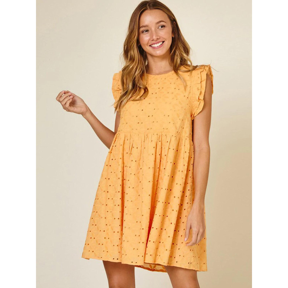 Peach Sleeveless Ruffle Floral Eyelet Detail Mini Dress L